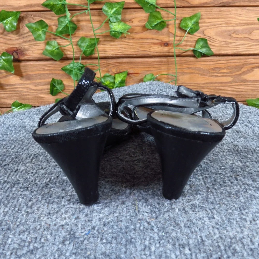 Anne Klein MakerRionTJ Womens T-Strap Wedge Sandals Size 8M Dressy Black Leather